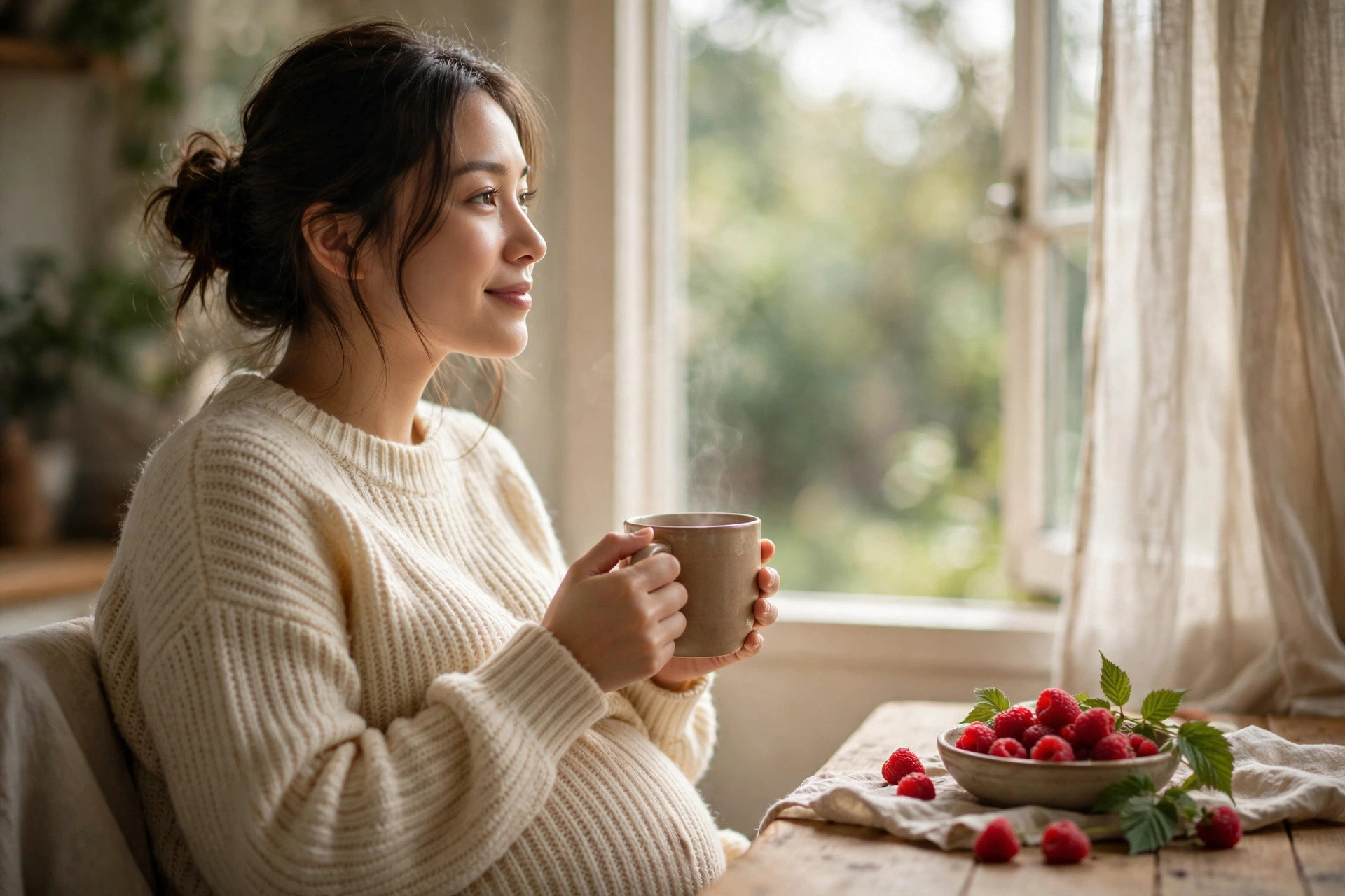 Pregnant woman in a cozy sweater holding a warm mug by a bright window with fresh raspberries on the table, showing baby is raspberry-sized at 8 weeks