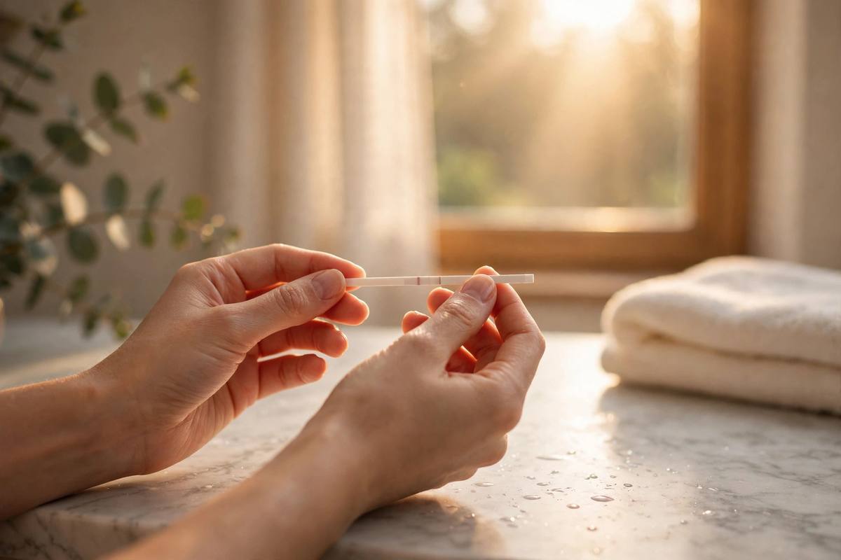Hands holding a pregnancy test stick over a bathroom counter in warm morning light