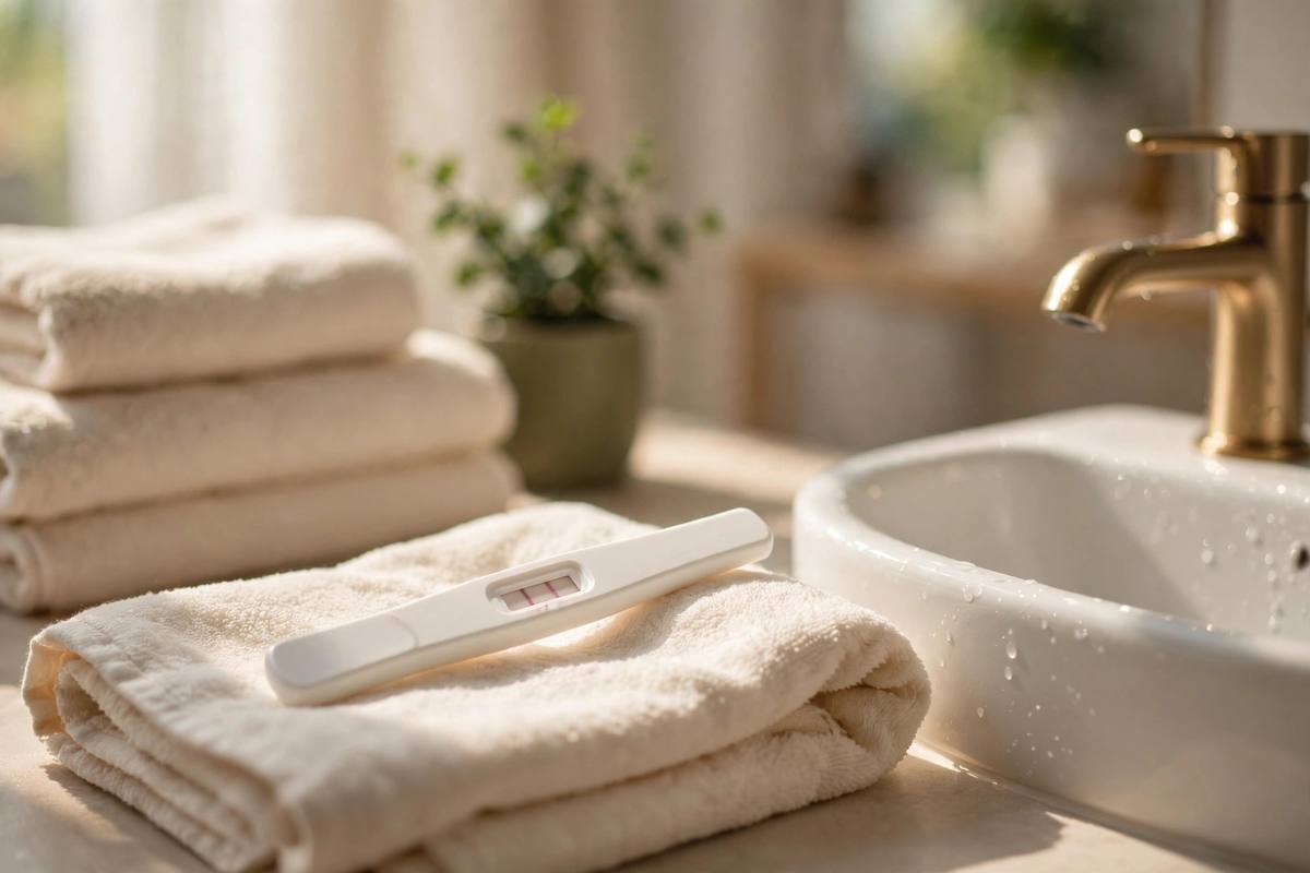 A pregnancy test stick resting on a folded cream towel beside a bathroom sink in soft morning light