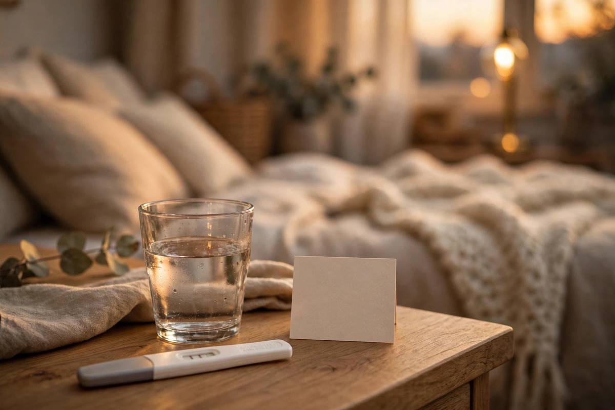 A pregnancy test stick on a bedside table next to a glass of water in warm evening lamplight