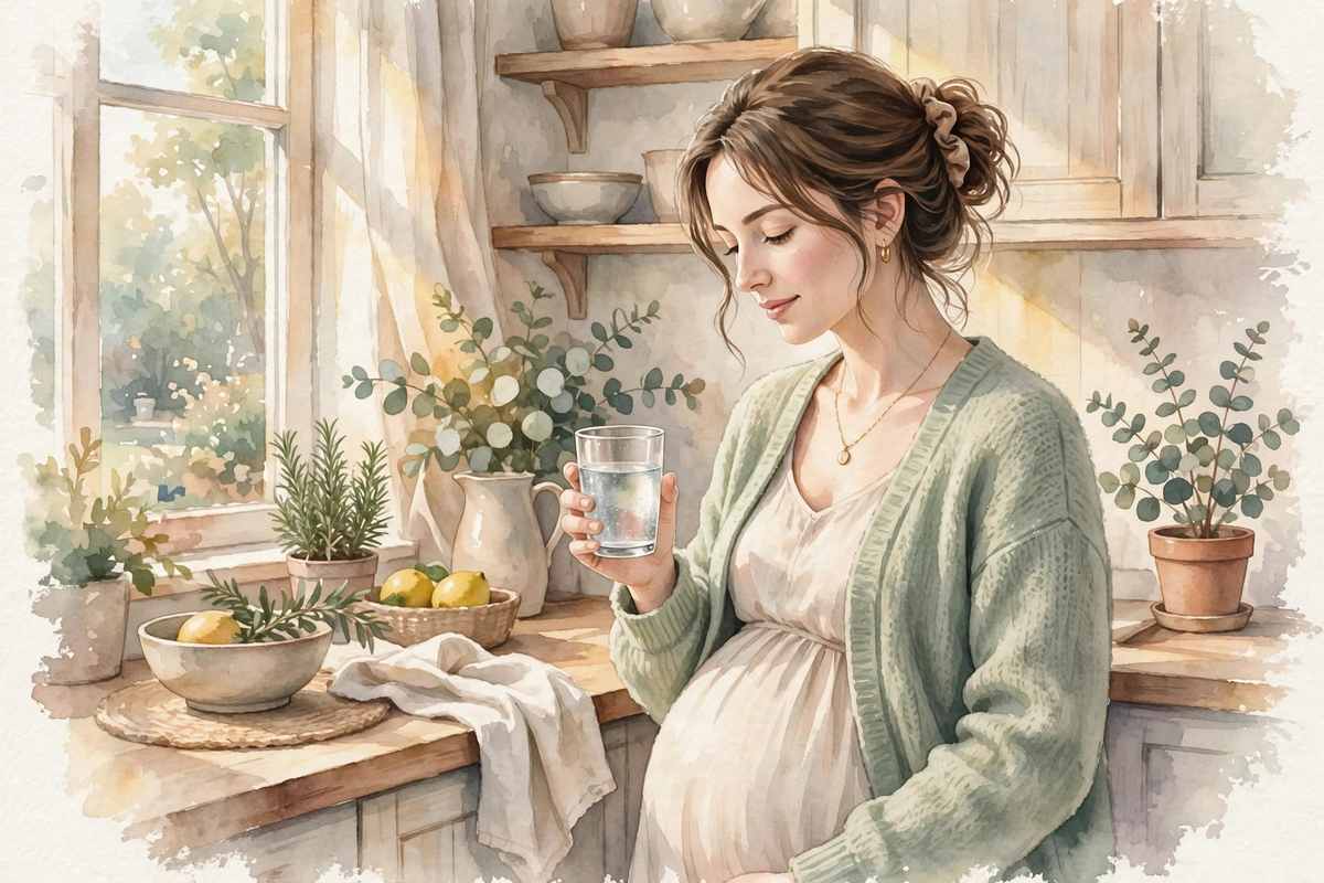 Pregnant woman holding a glass of water in a sunlit kitchen โ are Tums safe during pregnancy?