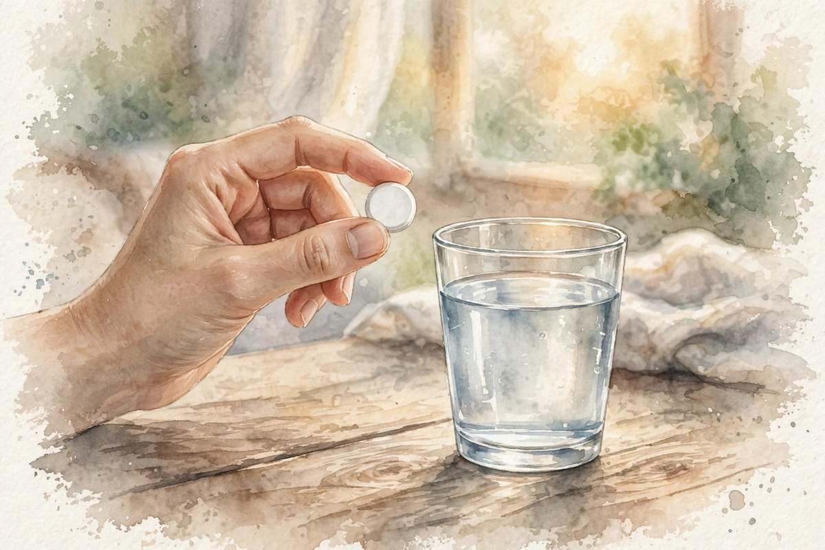 A pregnant woman chewing an antacid tablet with a glass of water nearby, soft watercolor illustration