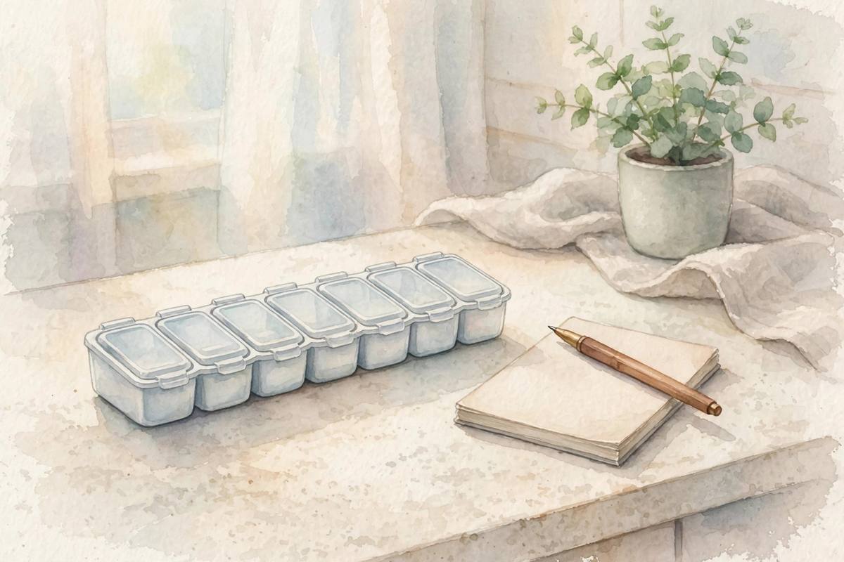 A weekly pill organizer and a small notepad tracking daily antacid use on a kitchen counter, soft watercolor illustration