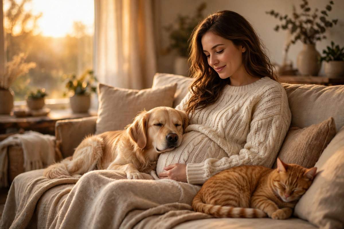 Warm lifestyle photo of a pregnant woman with her dog and cat sensing pregnancy
