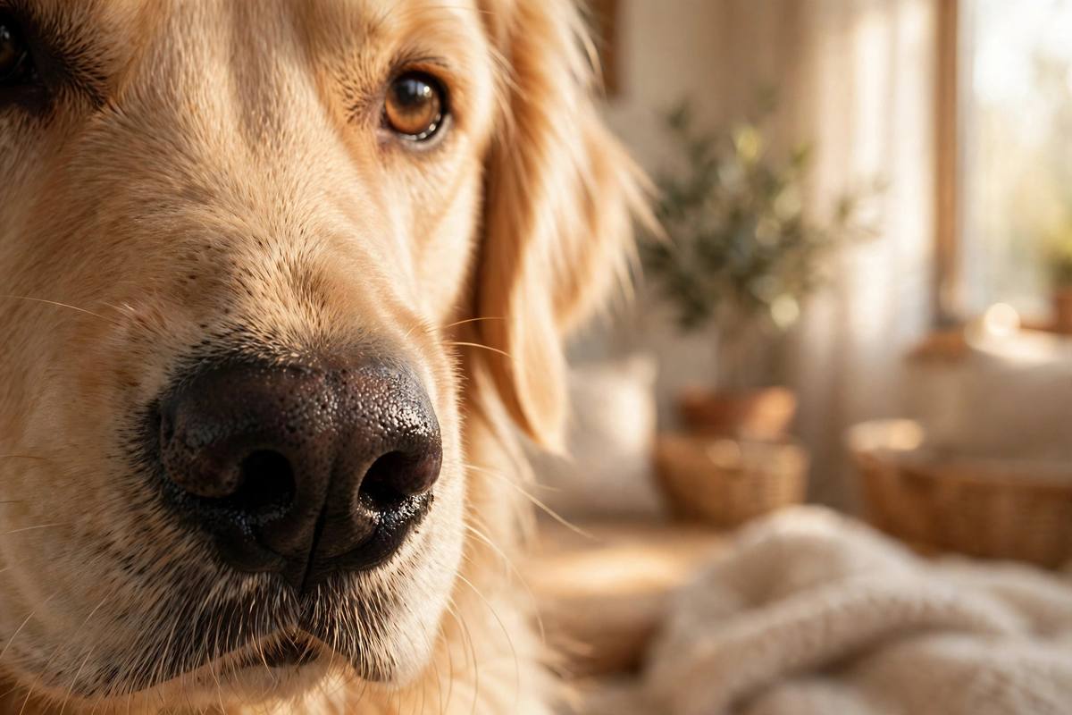 Golden retriever gently resting its head near its pregnant owner's belly