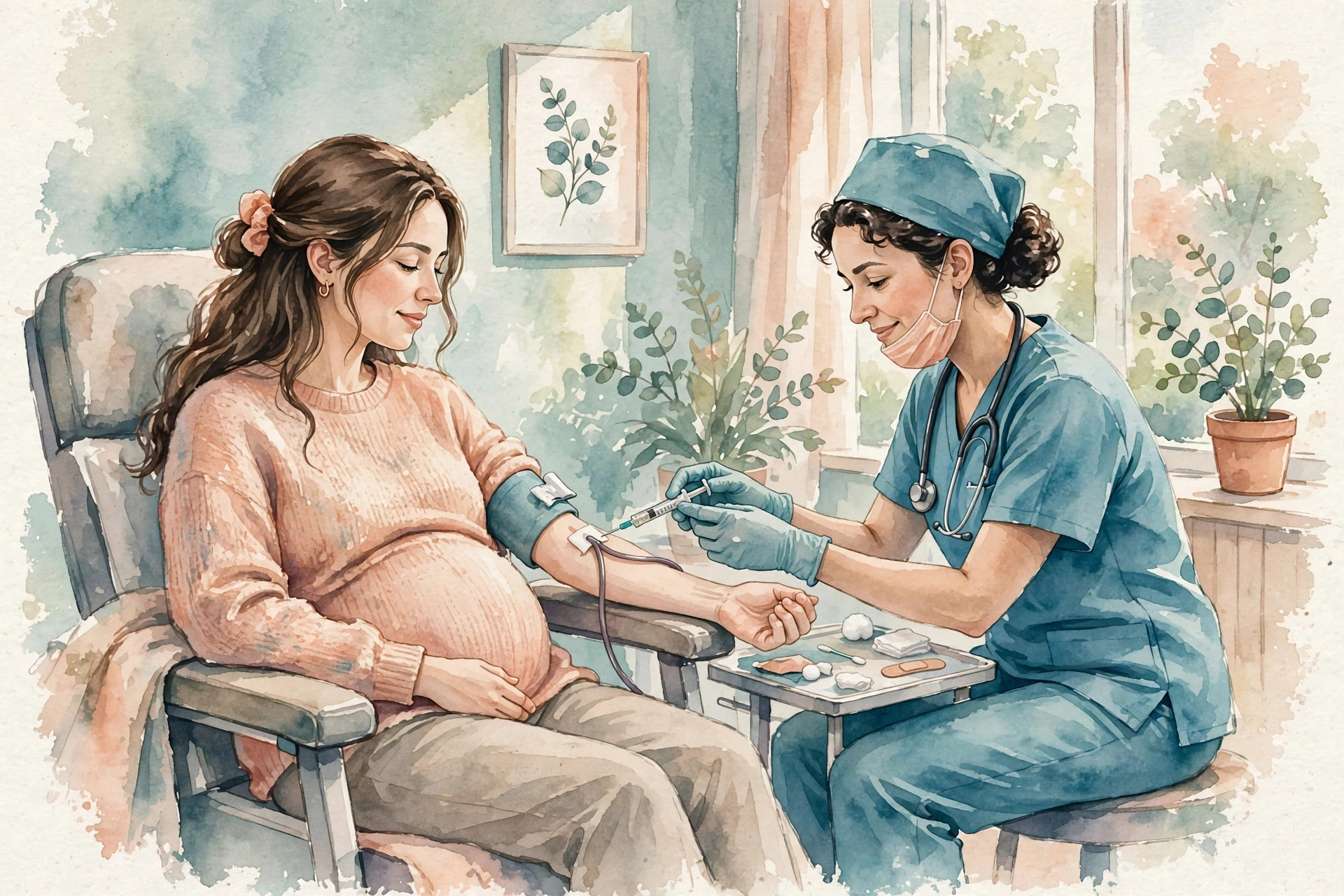 Pregnant woman having a gentle blood draw for a prenatal DNA test, soft watercolor illustration