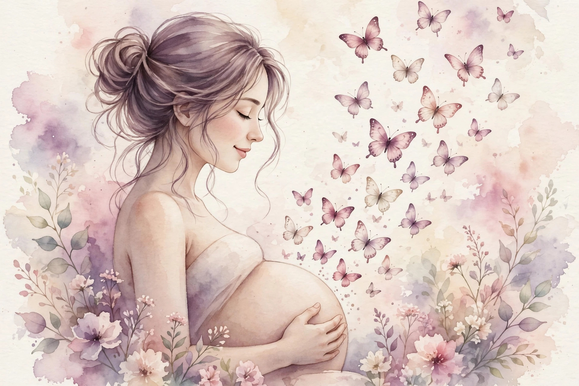Watercolor illustration of a pregnant woman gently holding her belly with butterflies rising around her, symbolizing first baby flutters at 14 weeks