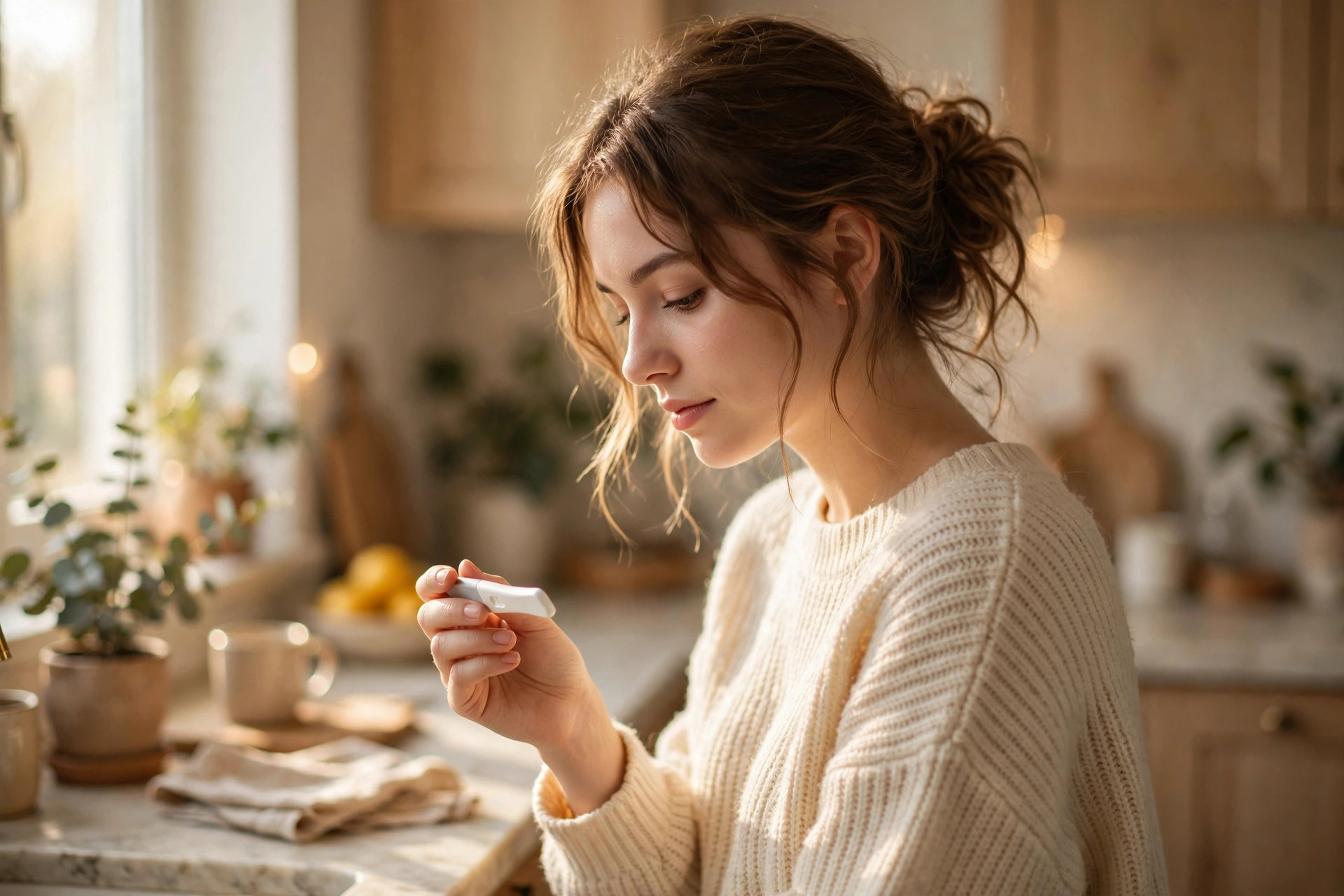 Woman holding a pregnancy test, wondering if she can get a wrong positive pregnancy test result