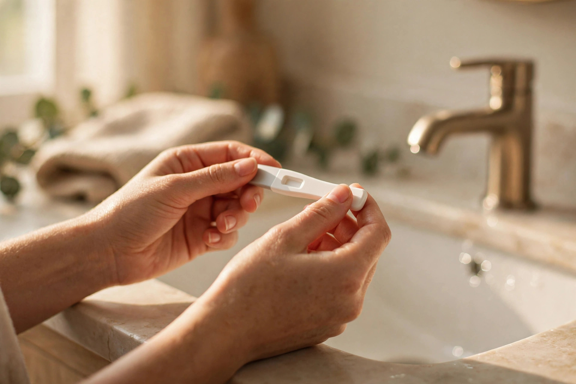 A woman's hands holding a home pregnancy test over a bathroom sink in warm light