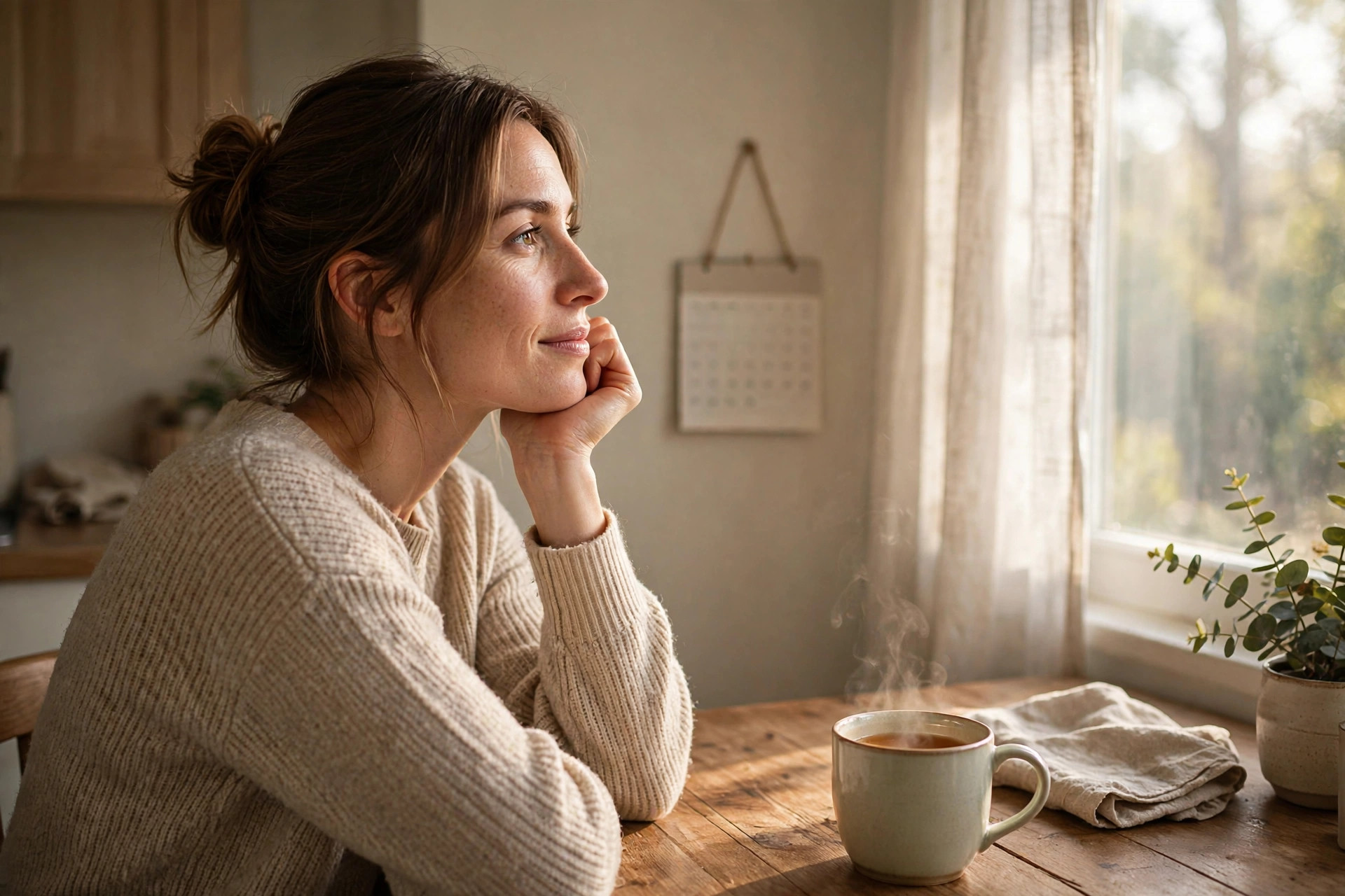 A woman sitting thoughtfully at a kitchen table with a calendar and tea in soft morning light