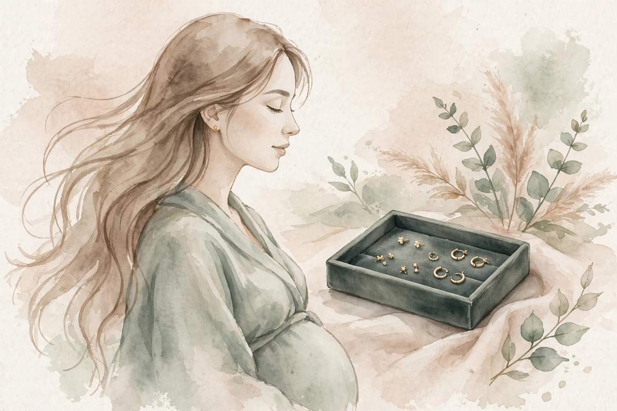 Soft watercolor illustration of a pregnant woman with a delicate ear stud beside a jewelry tray