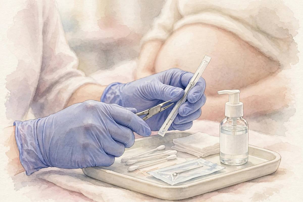 Piercer's gloved hands preparing sterilized piercing tools on a clean tray, a softly blurred pregnant belly in the background