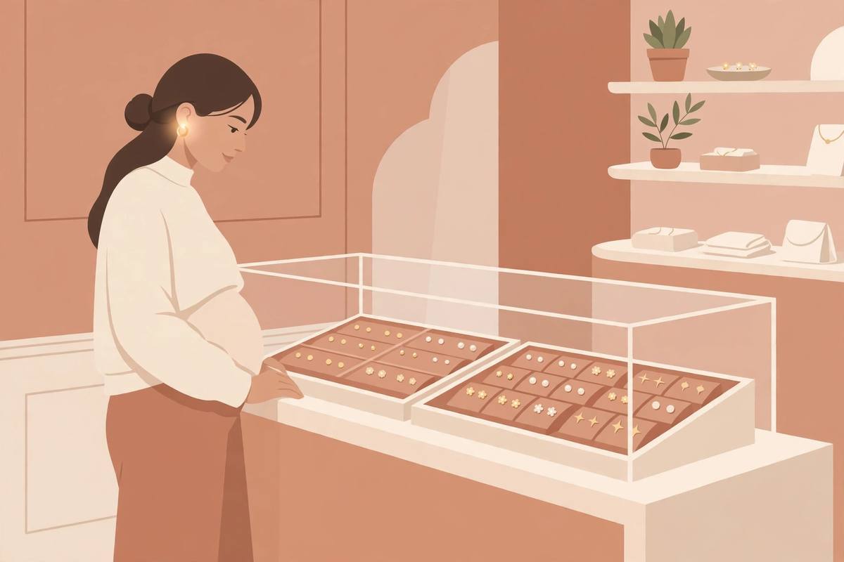 A pregnant woman at a jewelry counter considering small stud earrings, soft glowing highlight on her earlobe