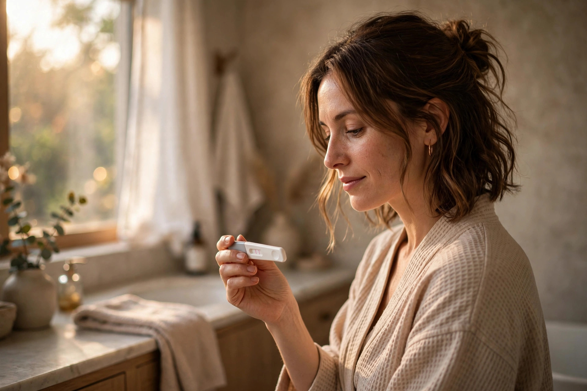 Woman taking a pregnancy test in a softly lit bathroom with warm morning light