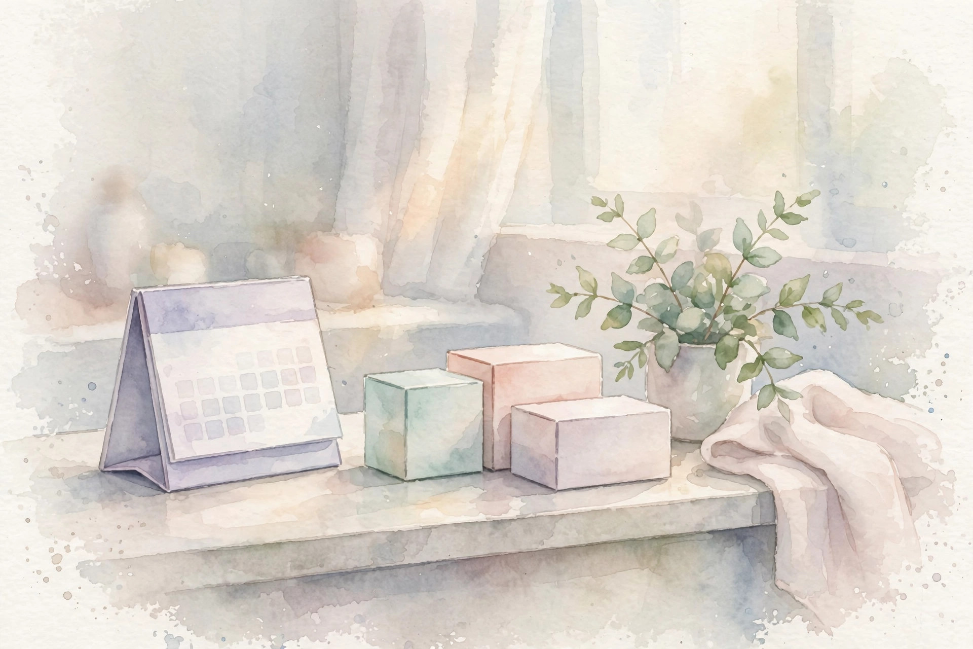 Soft watercolor illustration of pregnancy test boxes and a small calendar on a bathroom counter, do pregnancy tests expire