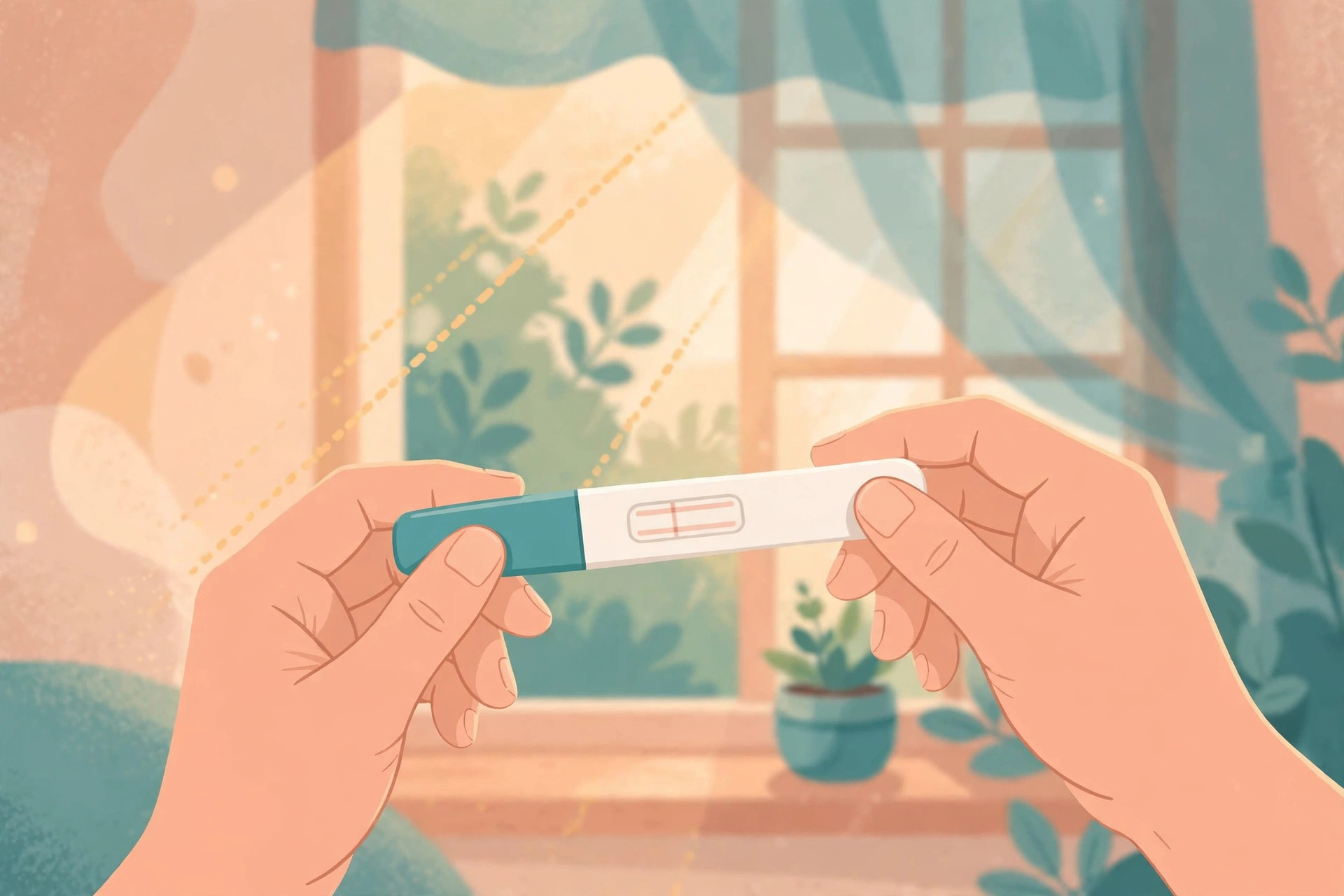 Hands holding a pregnancy test stick near a sunny window in soft flat illustration