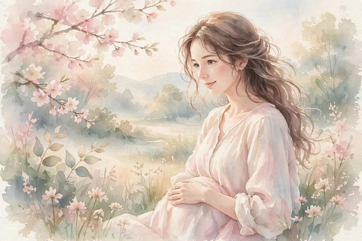 Soft watercolor of a hopeful woman with her hand on her belly after IUI
