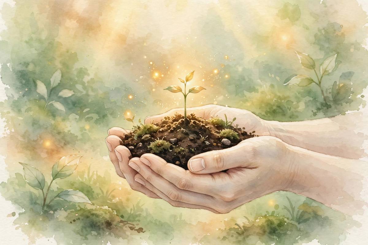 Two hands gently cradling a glowing seedling, a soft watercolor symbol of hope during the two-week wait after IUI