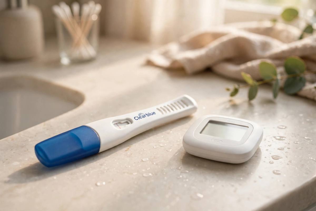 Clearblue pregnancy test stick and digital test on a light bathroom counter in soft morning light