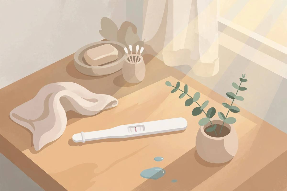 A pregnancy test stick resting on a bathroom counter in soft morning light, shown in a gentle flat illustration style