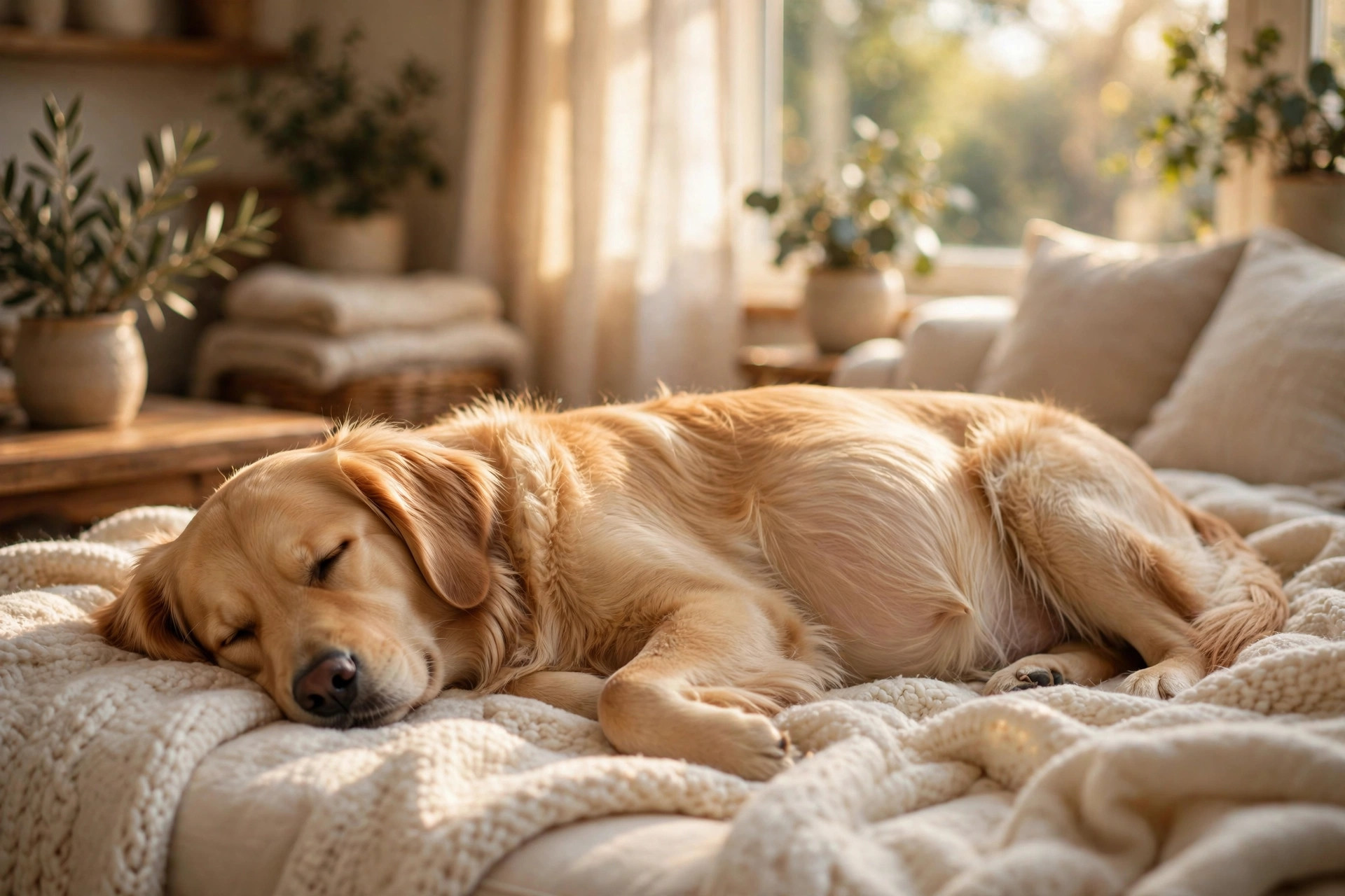 Warm lifestyle photo of a pregnant golden retriever resting on a soft blanket in a sunlit living room