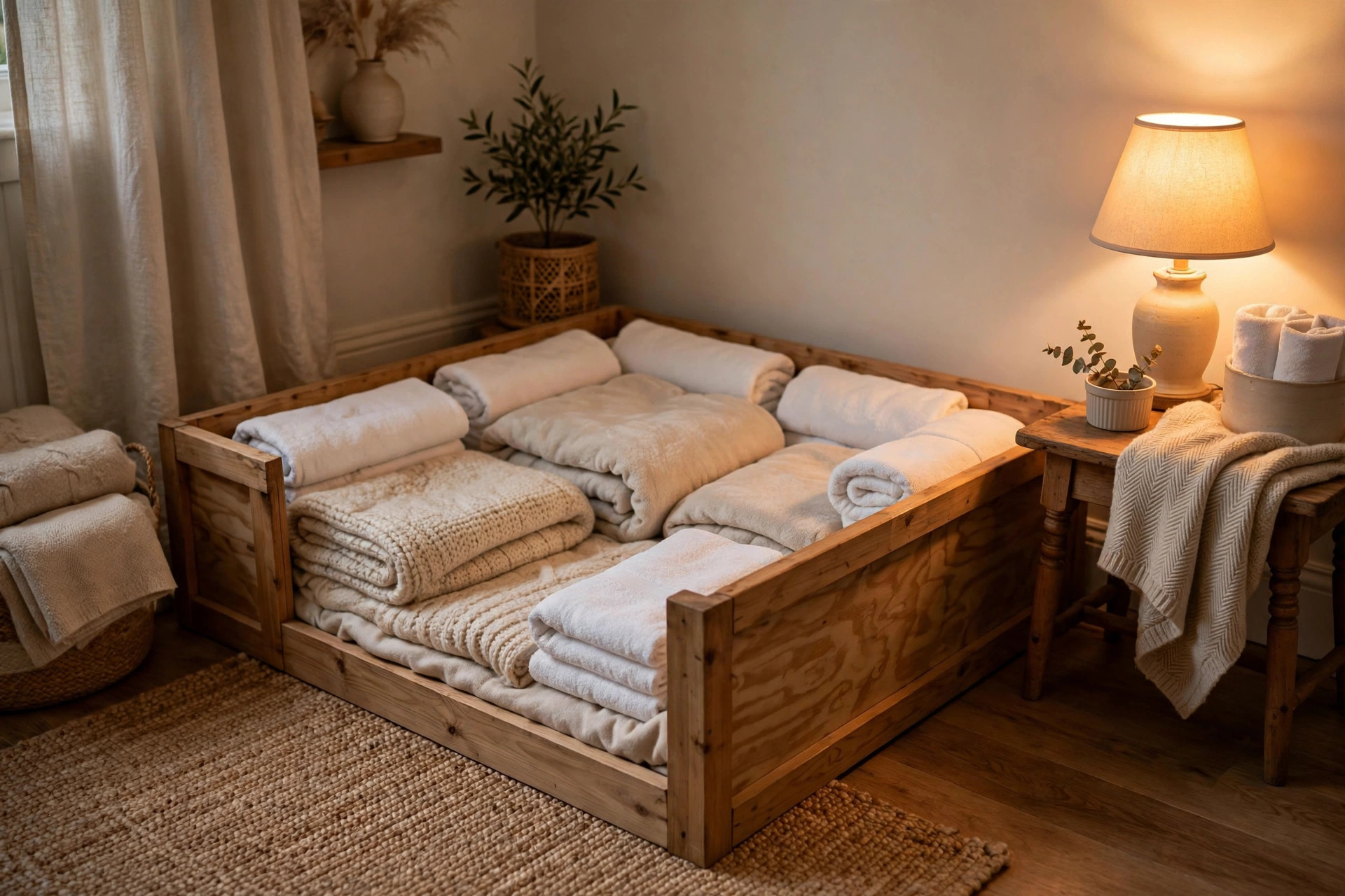 A cozy whelping box lined with soft folded blankets and clean towels, prepared for a dog's labor
