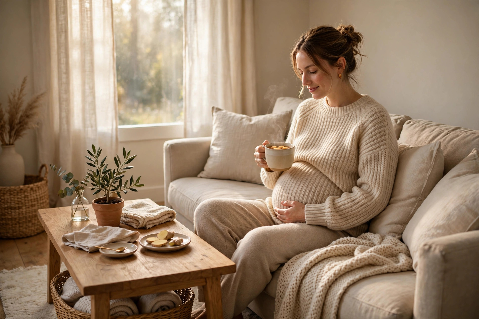 Pregnant woman on a couch in morning light holding ginger tea — how long does nausea in pregnancy last?