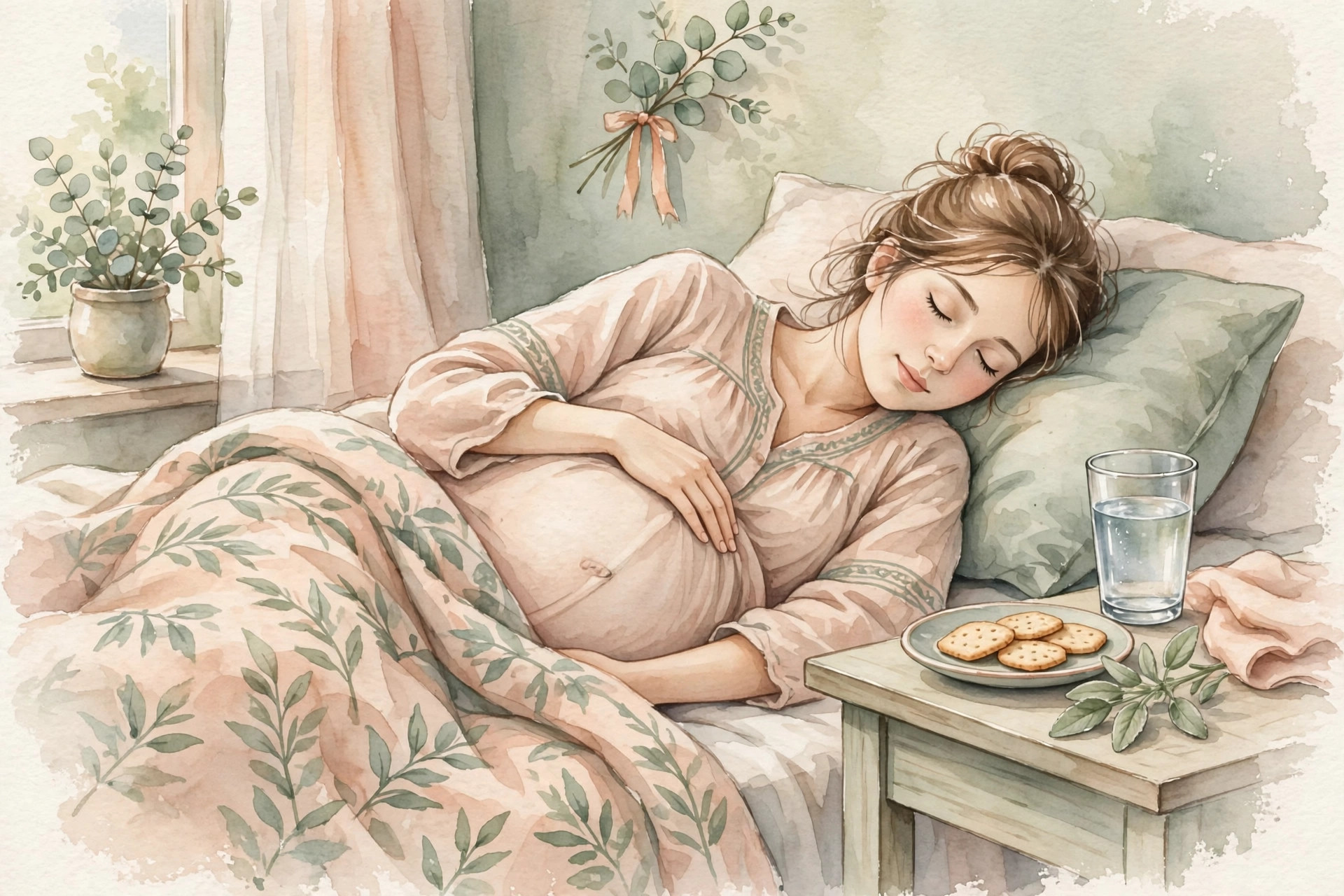 Pregnant woman resting peacefully with water and crackers on her bedside table during the first trimester