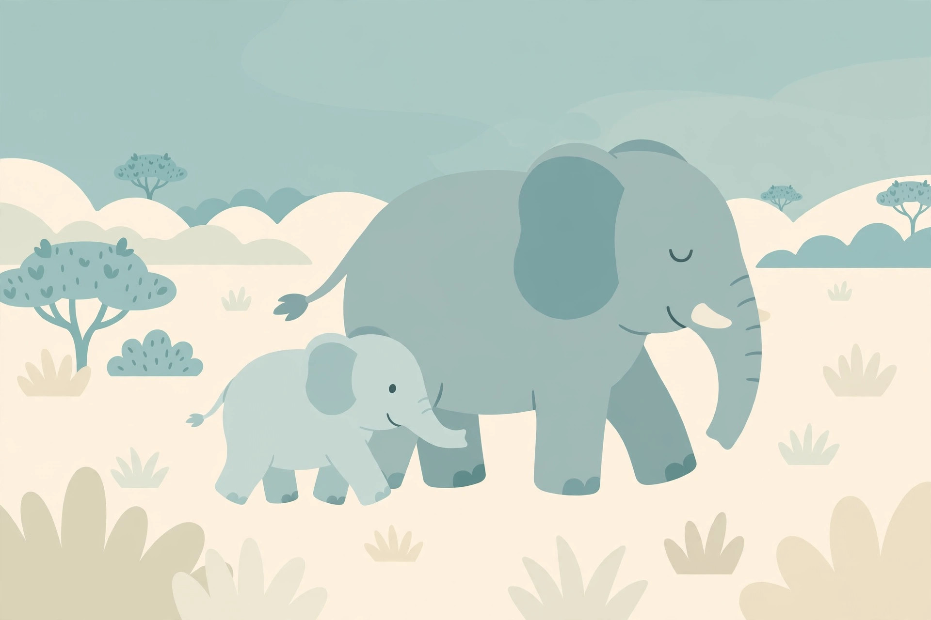 A small elephant calf walking close beside its mother across a soft, flat savanna illustration