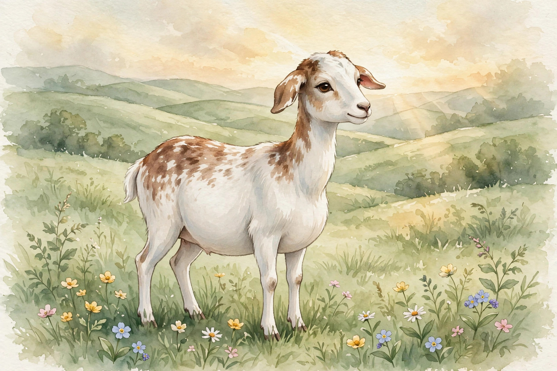 Watercolor illustration of a pregnant goat doe standing in a sunny green meadow during her 150-day gestation period