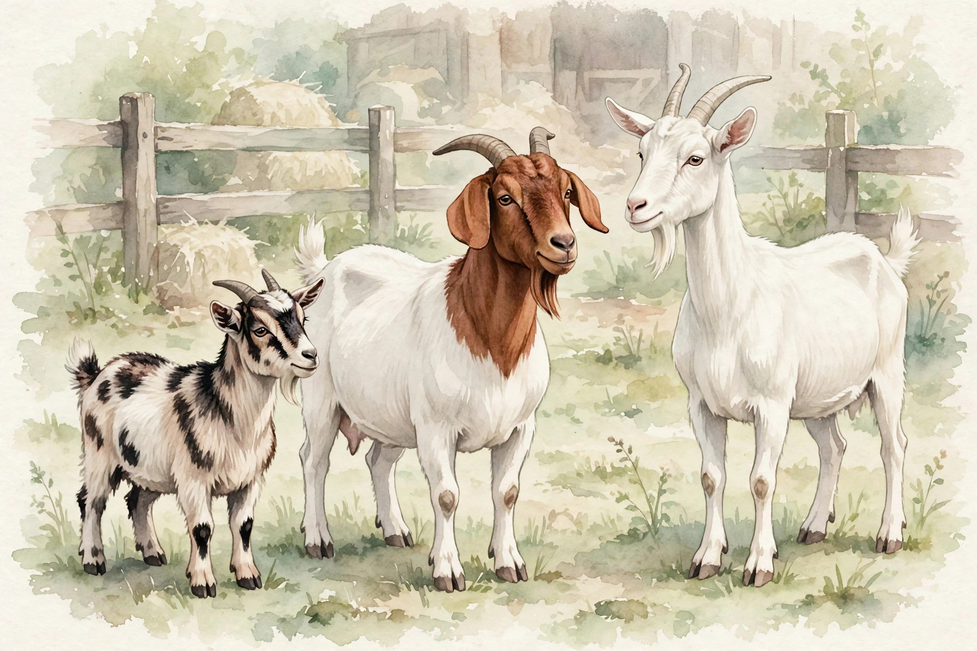 Three goat breeds โ Nigerian Dwarf, Boer, and Saanen โ illustrating how gestation length varies by breed
