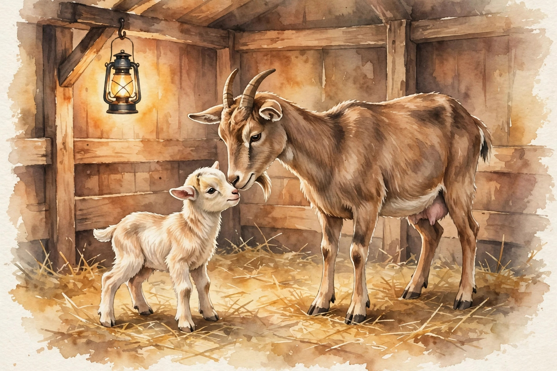 A newborn kid standing beside its mother doe in a clean straw kidding pen shortly after birth