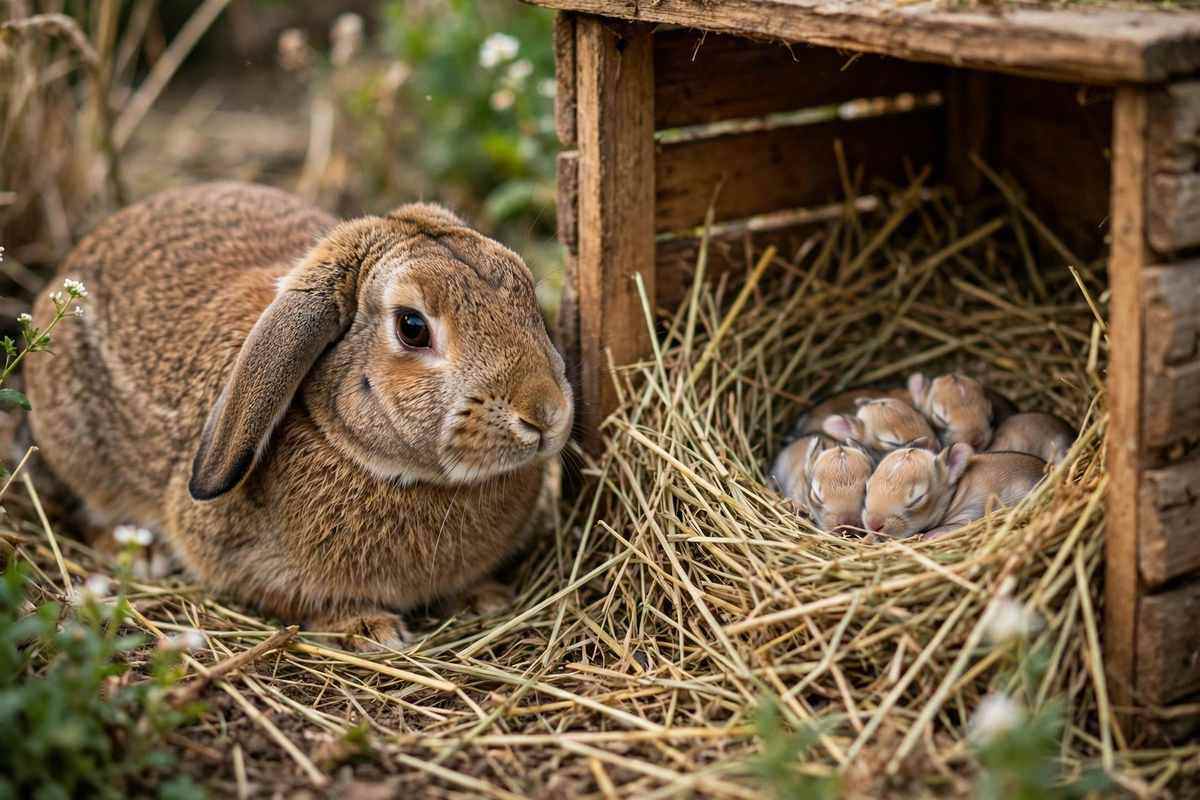 Mother rabbit resting beside a hay-filled nesting box with newborn kits