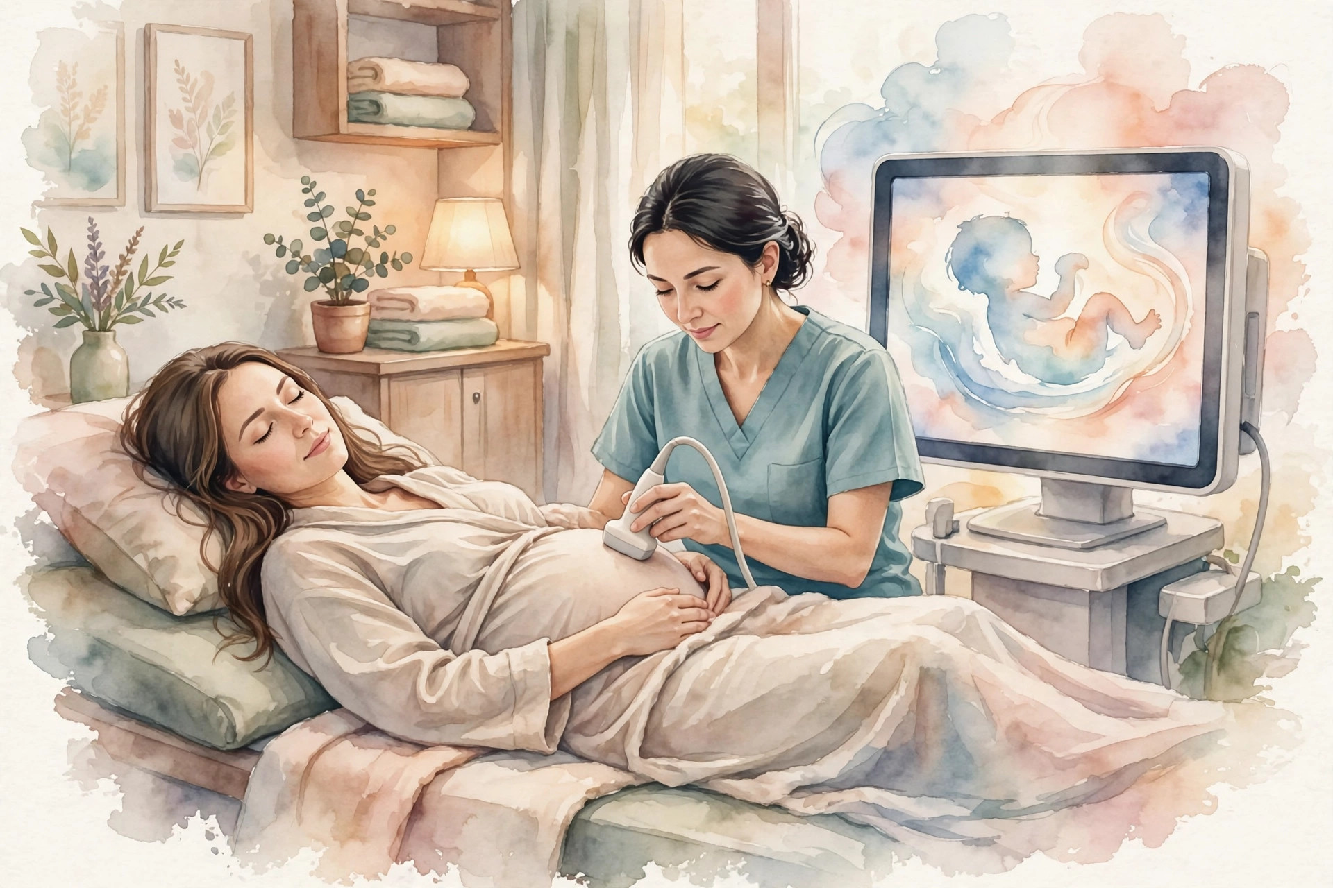 Watercolor illustration of a routine prenatal ultrasound scan during pregnancy