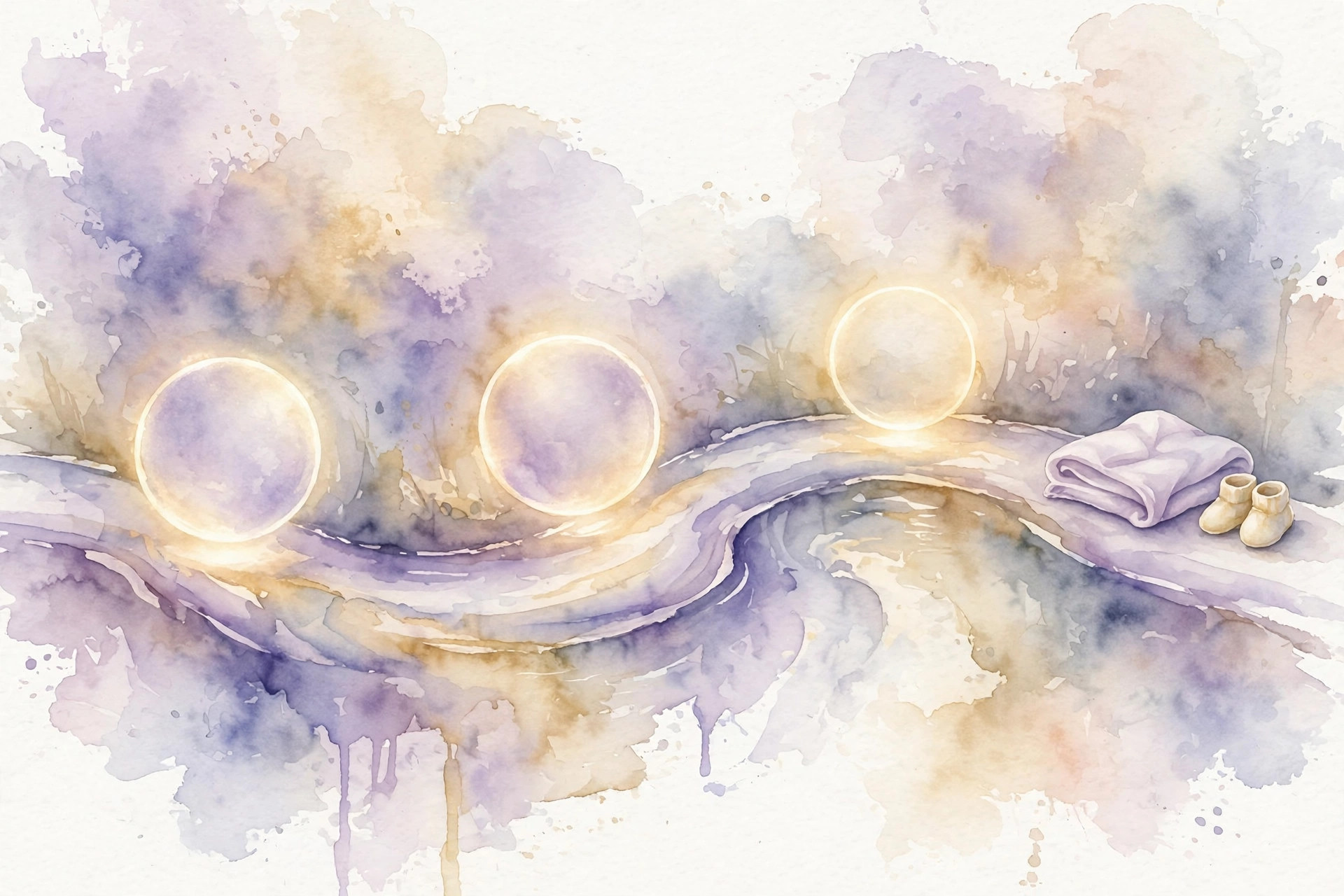 Watercolor timeline of three ultrasound milestones across pregnancy