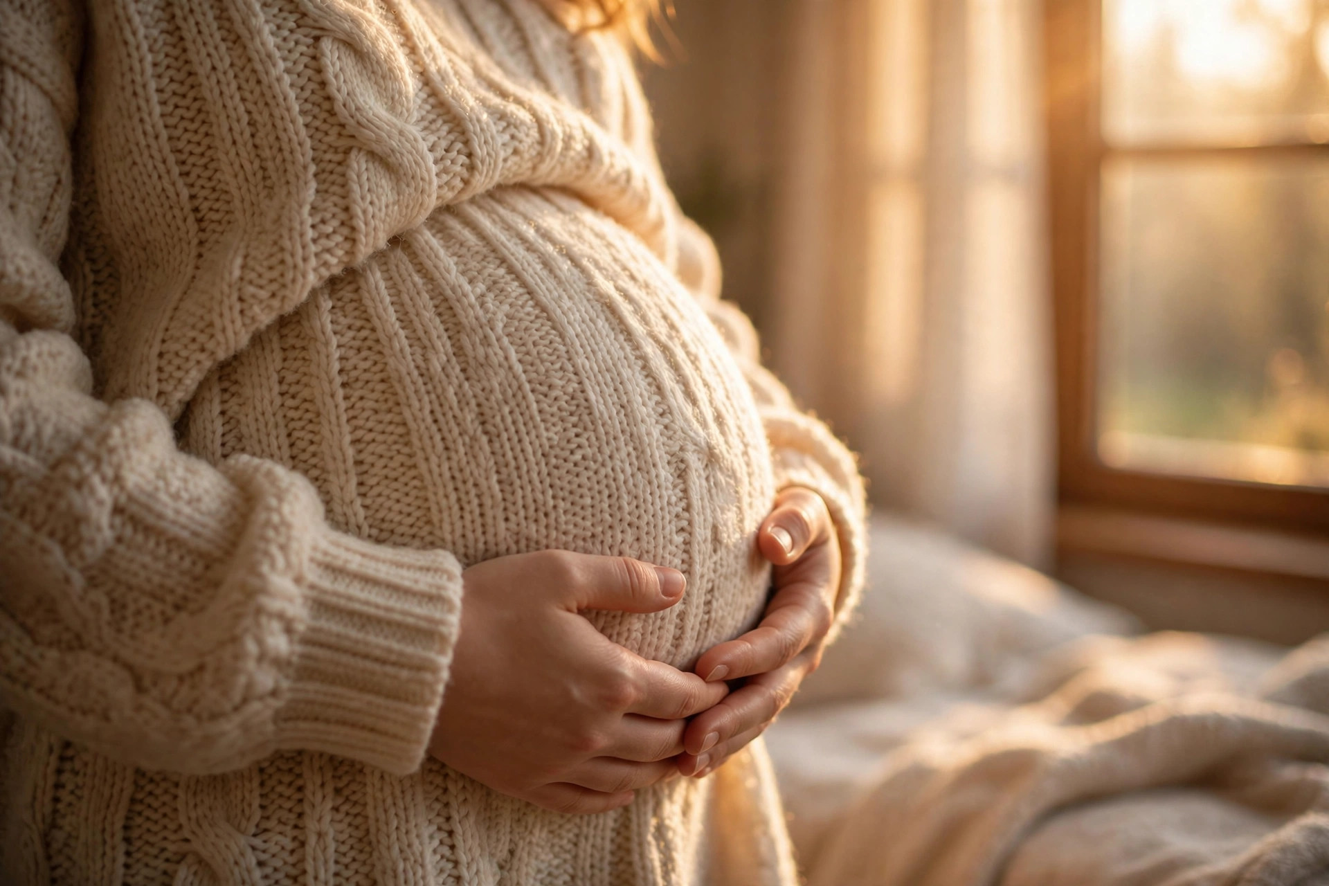 Warm lifestyle photo of a pregnant woman’s hands cradling her baby bump in golden morning light