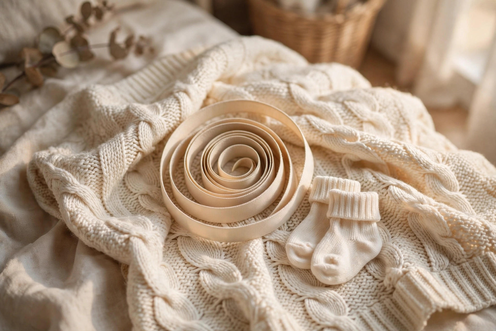 Soft measuring tape spiral on a cream knitted baby blanket beside tiny baby socks
