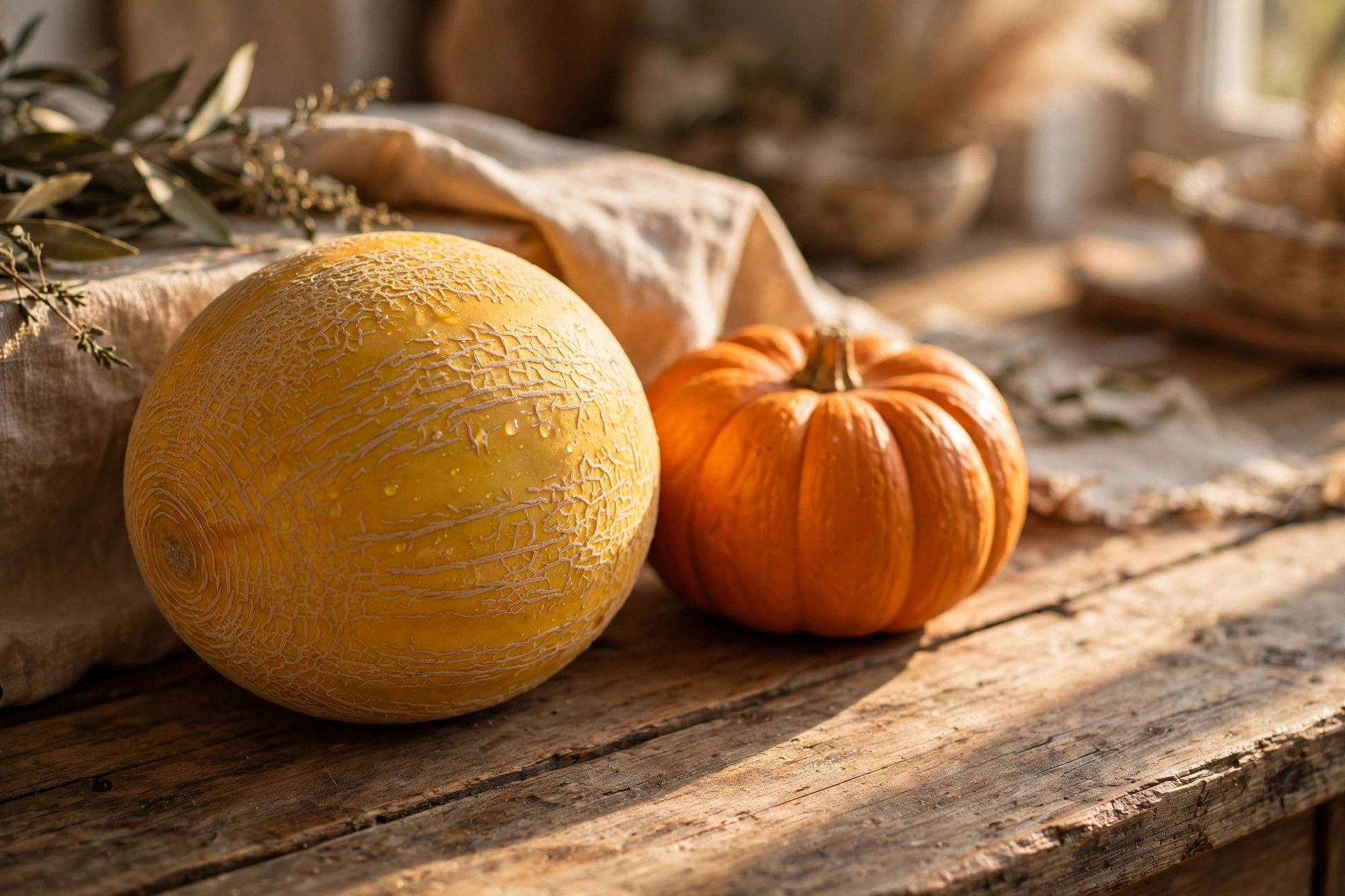 Ripe melon and small pumpkin on a rustic wooden table in warm sunlight