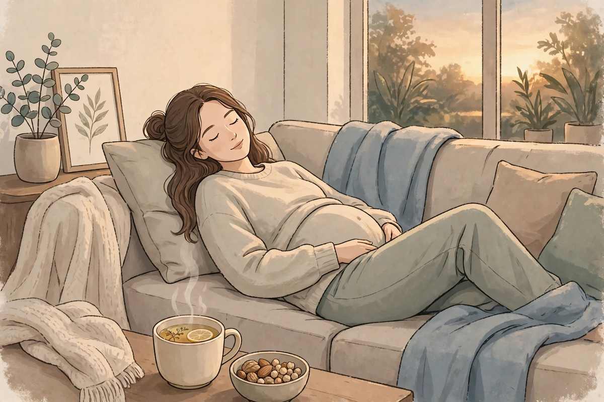 A pregnant woman resting on a sofa with herbal tea and a bowl of nuts and chickpeas in warm light