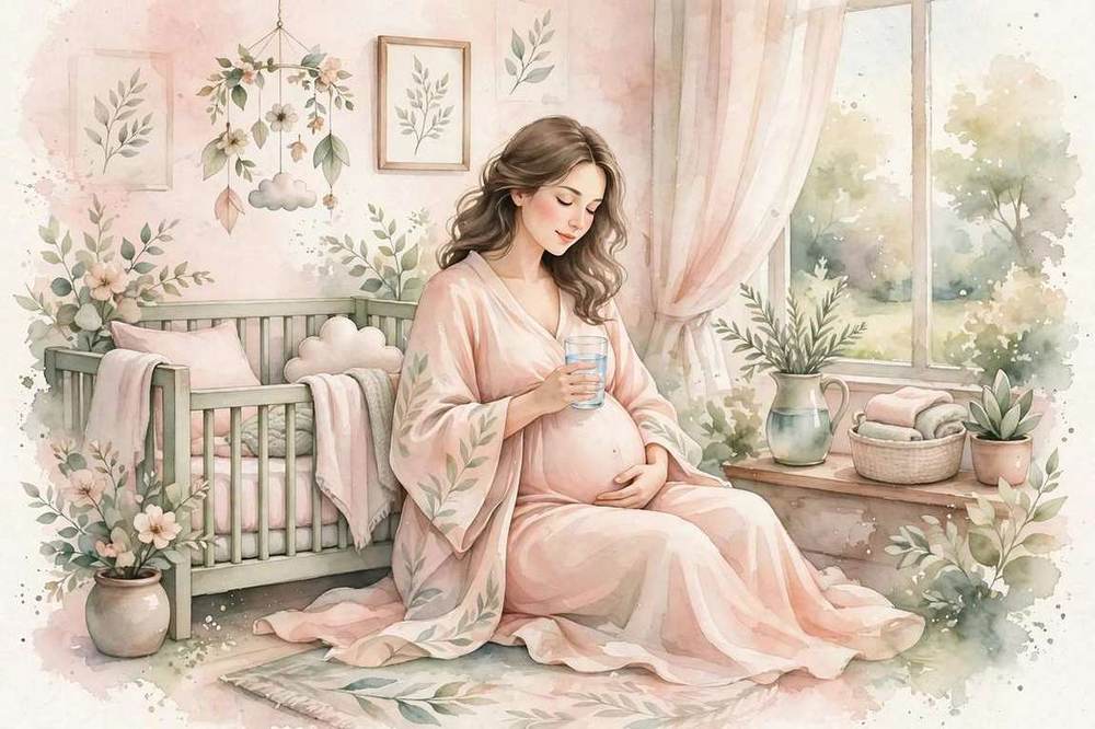 Expecting mother drinking water as a reminder to stay hydrated during pregnancy