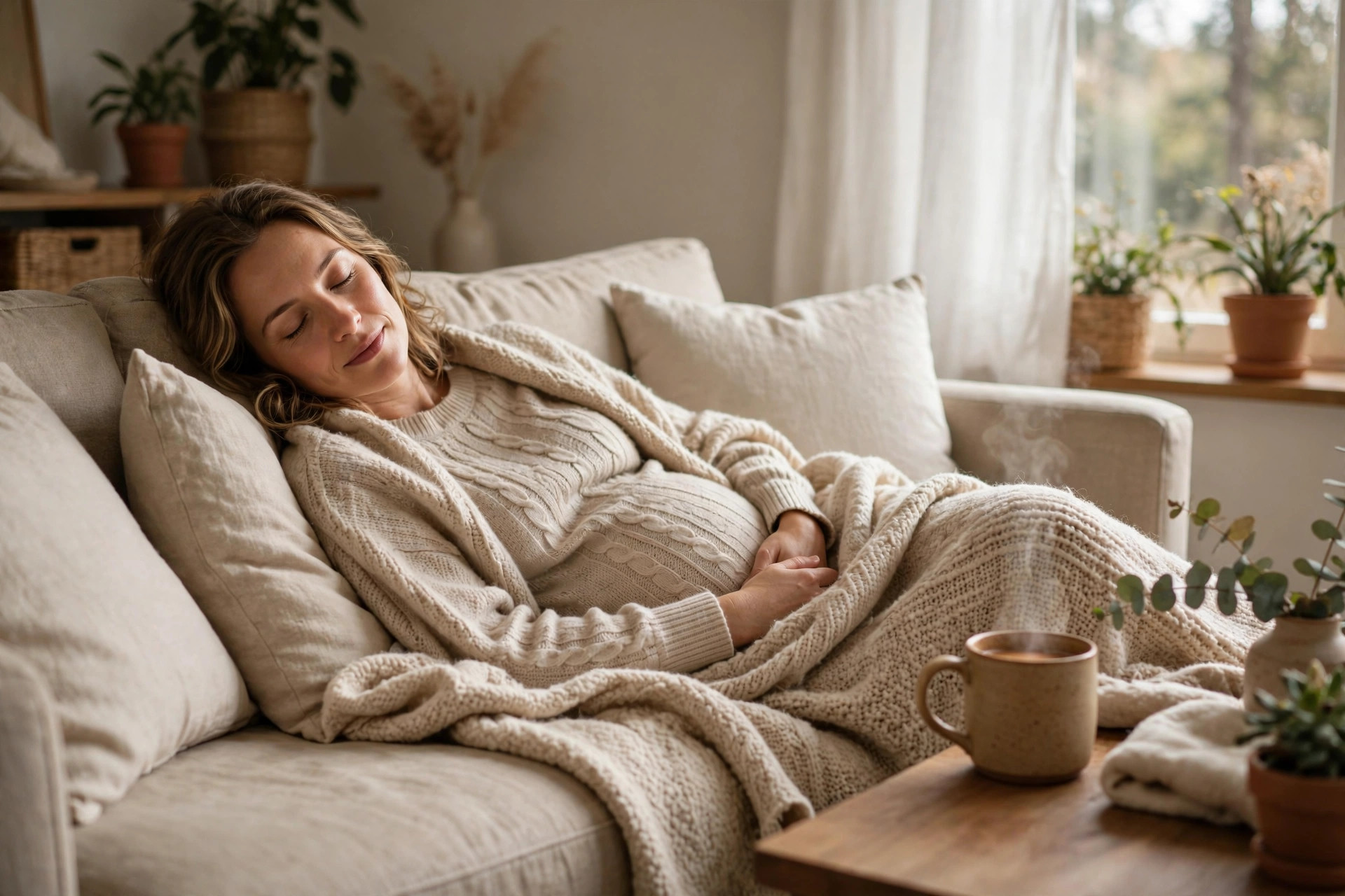 Warm lifestyle photo of a pregnant woman resting on a sofa with a soft blanket in early pregnancy, is cramping normal in early pregnancy