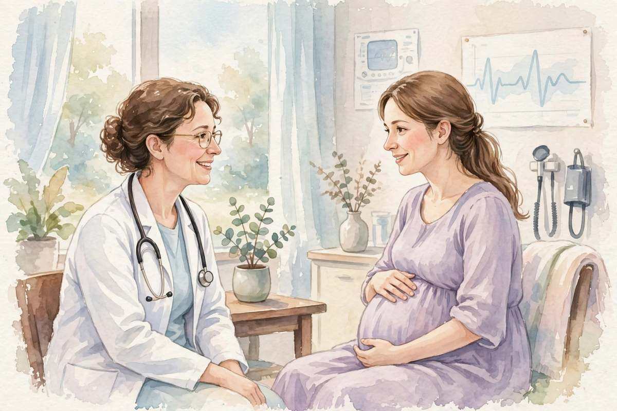 Doctor talking warmly with an expectant mother in a bright clinic room