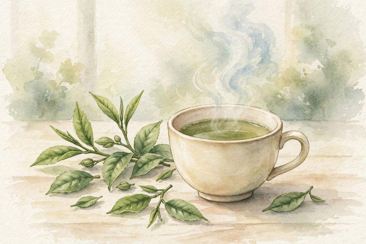 Warm cup of green tea with steam rising beside fresh green tea leaves on a light wooden table