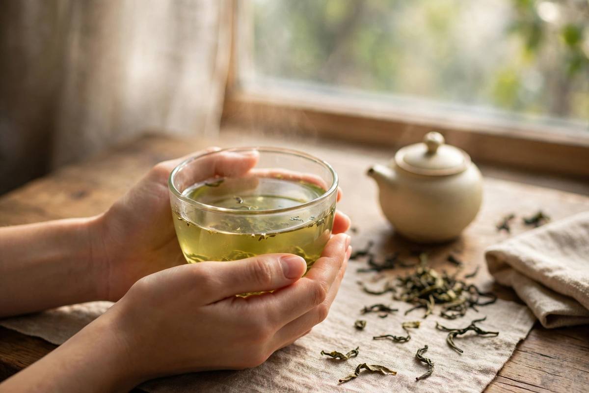 Hands cradling a glass cup of pale green tea by a window in soft daylight