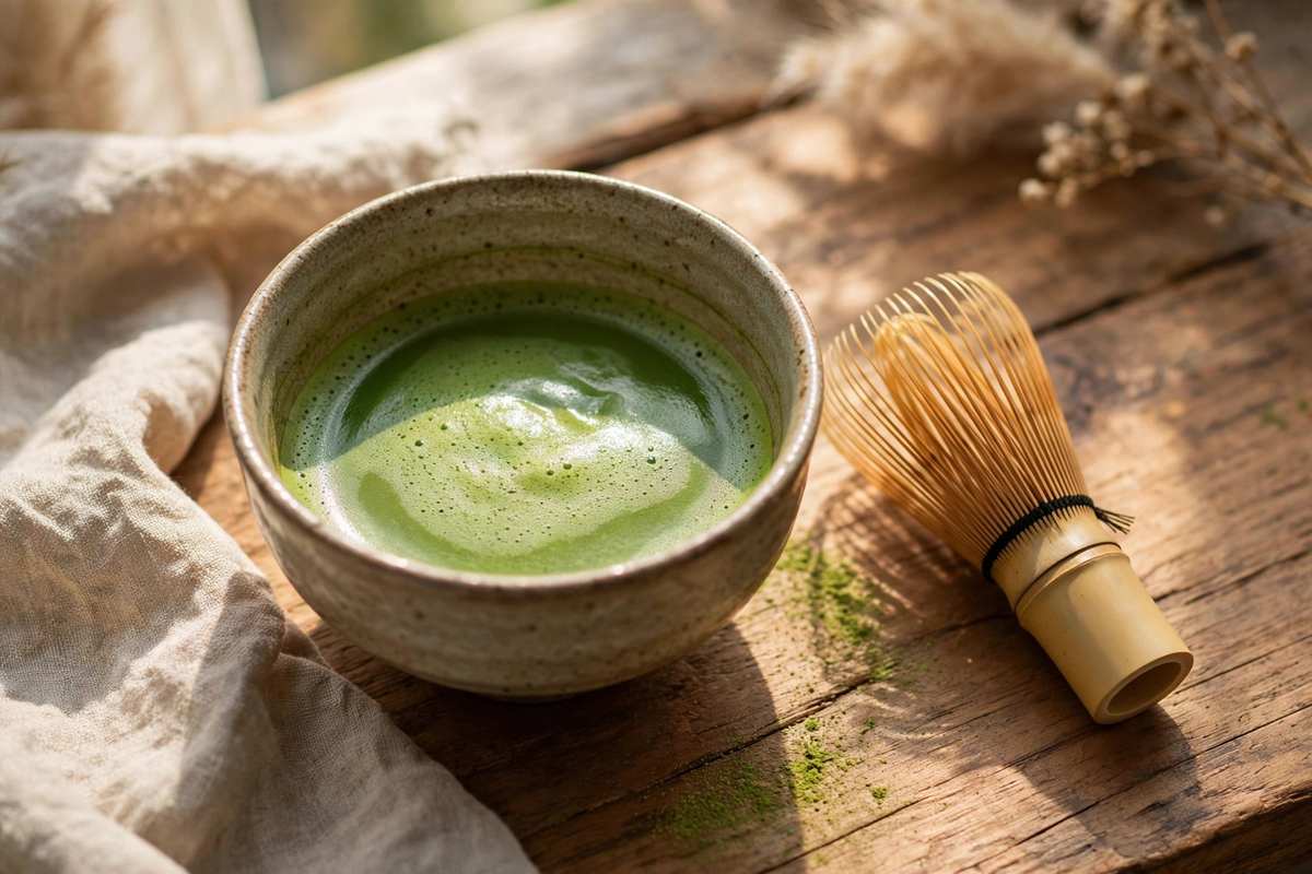 A small bowl of whisked matcha beside a bamboo whisk on a wooden table, in a warm lifestyle photo style