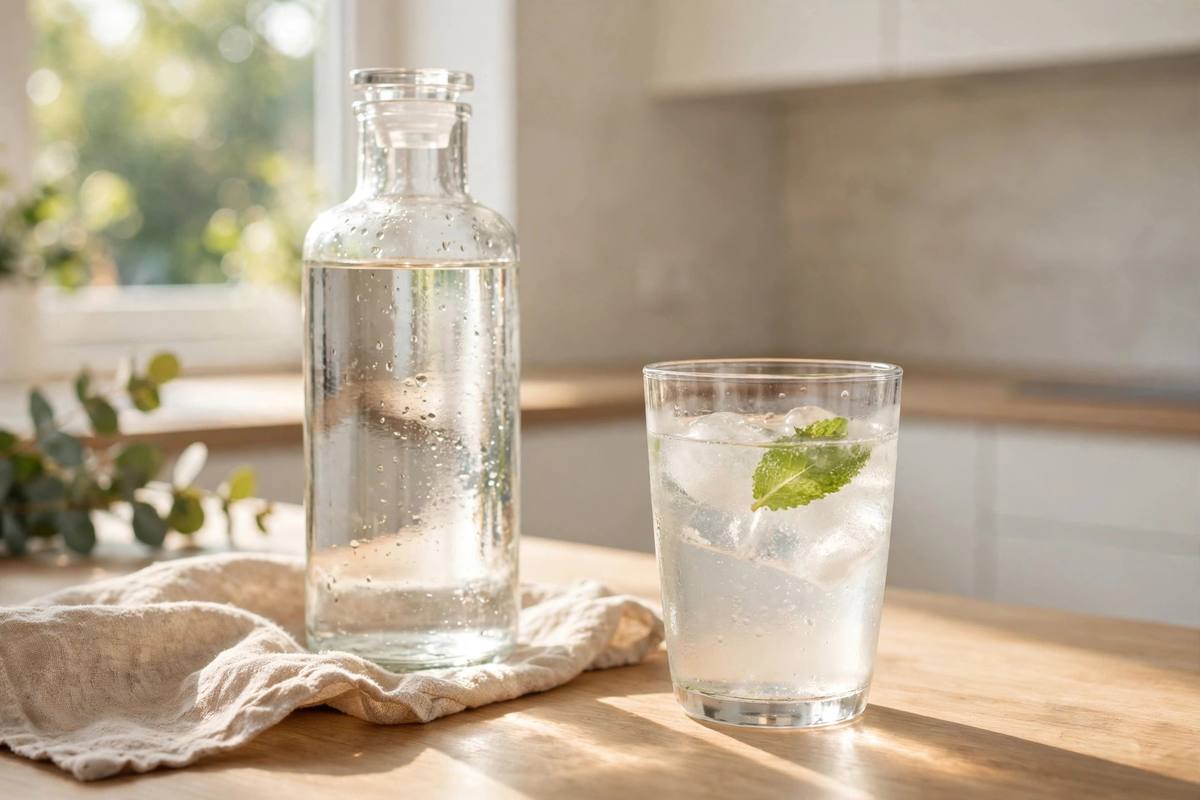 A glass of clear dissolved powder drink beside a water carafe on a bright kitchen counter, warm lifestyle photo style