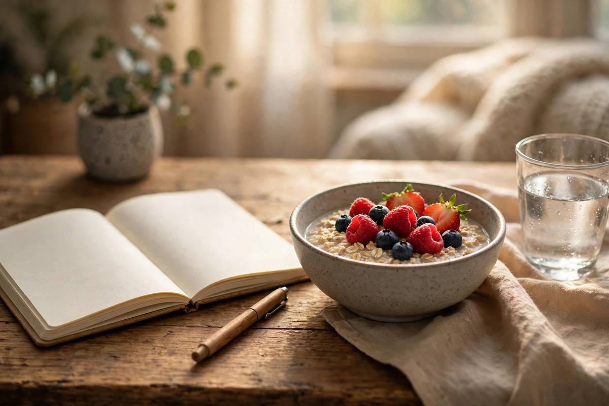 A simple daily log notebook showing water glasses and fiber foods next to a bowl of oatmeal with berries, warm lifestyle photo style