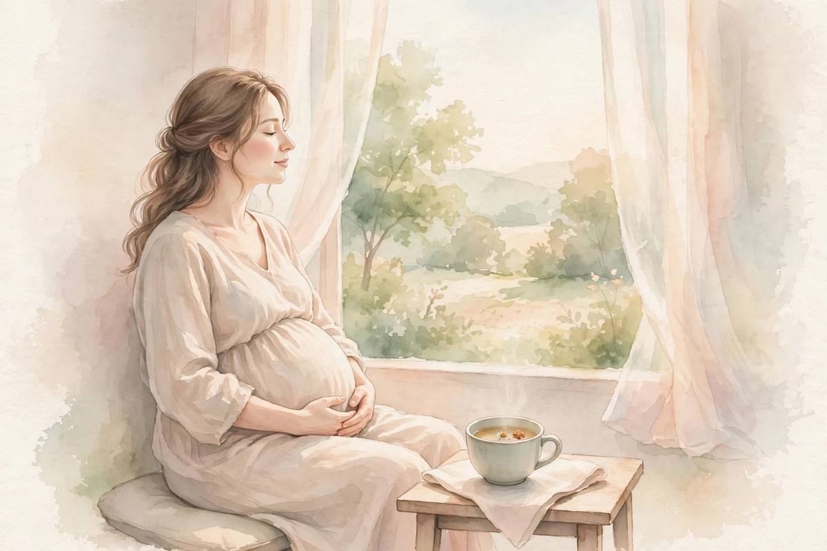 Soft watercolor of a pregnant woman resting calmly by a sunlit window, cup of tea nearby