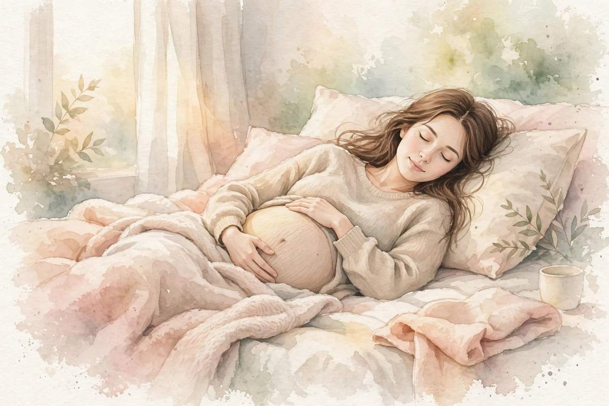 Watercolor of a pregnant woman resting with a hand on her belly in a cozy bedroom