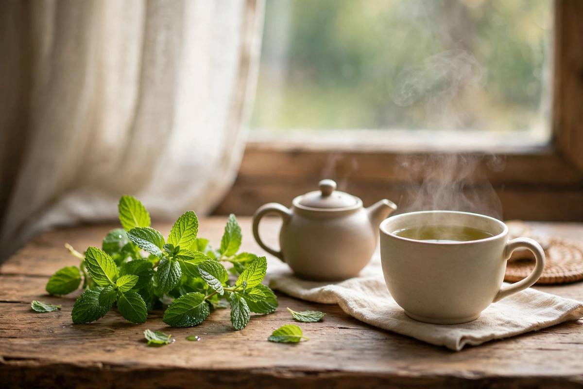 Fresh peppermint leaves and a steaming cup of herbal tea on a wooden table by a window